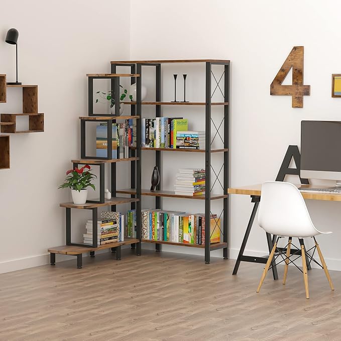 Large Corner Bookshelf Bookcase, Industrial Reversible 5 Tier Ladder Shelves Storage Display Rack with Metal Frame, Modern Home Office Furniture for Living Room Bedroom