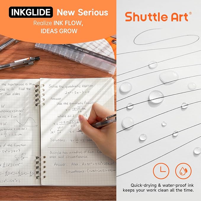 Shuttle Art Black Gel Pens, Ink Glide Series 15 Pack Retractable 0.5mm Fine Point Rollerball Gel Ink Pens Quick Drying Waterproof Smooth Writing with Comfortable Grip for Office School and home