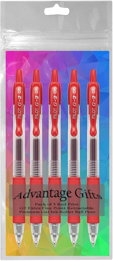 G2 Retractable Premium Gel Ink Roller Ball Pens Extra Fine Point (.5mm) Red Ink 5 pack; Refillable & Premium Comfort Grip Bundle with Plastic Reusable Pouch