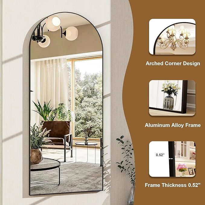 HARRITPURE Arched Full Length Mirror - 64"x21" Free Standing Leaning Mirror Hanging Mounted Aluminum Frame Modern Home Decor for Living Room, Bedroom, Cloakroom, Black