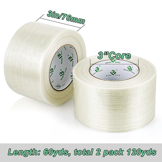BOMEI PACK Strapping Tape 3 Inch, Heavy Duty Fiber Reinforced Packing Tape, 60yds 5.9Mil, Total 120yds