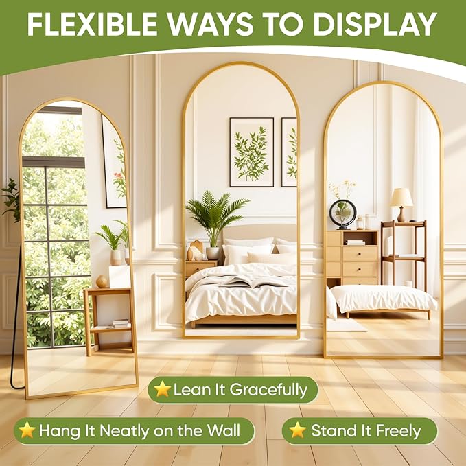 Full-Length Floor Mirror with Stand, 78"x38" Arched Style Full Body Standing Mirror for Bedroom, Living Room, Gym, Dorm - Shatter-Resistant & Easy Assembly, Gold