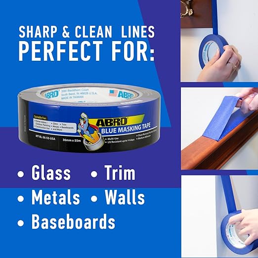 ABRO Blue Painters Tape 2 Inch Wide, 48mm x 55M, All Purpose Blue Tape, Temporary Labeling, Easy Tear, Clean Removal, Masking Tape Colored DIY or Pro