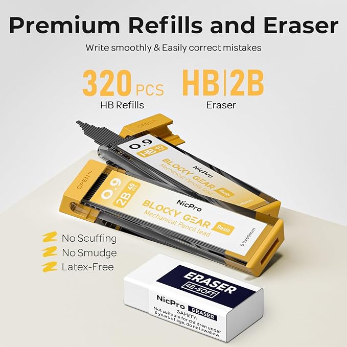 Nicpro Blocky Gear 0.9 mm Mechanical Pencils Set in Case, 3 Pack Metal Pencil 8 Tube with Lead Refills 0.9mm (HB 2B), 3 Erasers for Professional & Adult Art Writing Drafting Drawing