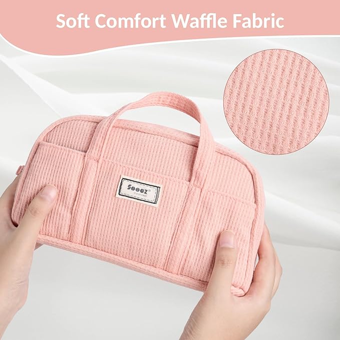 Sooez Large Pencil Case Pouch, Extra Big Pencil Bag with 5 Compartments, Pen Bag Wide Opening, Soft Waffle Pencil Pouch Organizer with Zipper, Cute Aesthetic School Supplies for Teen Girls-Coral