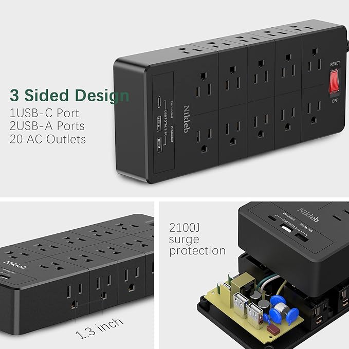 Power Strip 23 in 1, 20 Outlets Surge Protector Wall Mount with 2 USB+1 USB C Ports, Multi Plug Extension Cord 6ft Heavy Duty, Accessories for Gaming, Studio, Home, Office, Desk Organizers