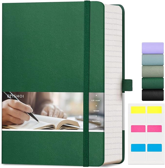EMSHOI A5 College Ruled Notebook Journal- 400 Pages (200 sheets), 7mm Spacing & Vegan Leather Cover for Work, School, Bible Study, Bullet Journaling- with Sticky Notes, Pocket & Pen Holder- Dark Green