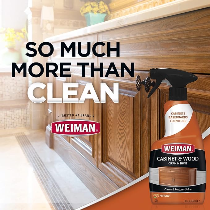 Weiman Cabinet & Wood Clean & Shine Spray - Furniture, Kitchen Cabinets, Baseboard & Trim, Fresh Almond Scent, Microfiber Cloth Included