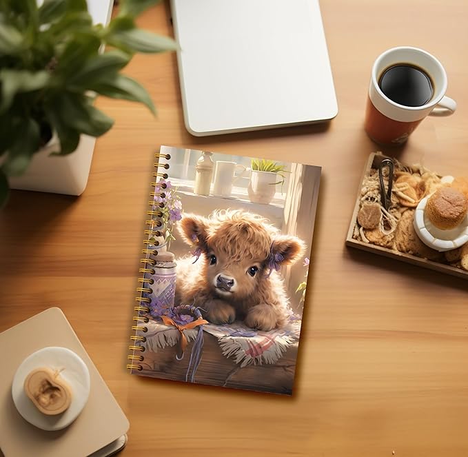 Floral Highland Cow Notebook - Western Cow Notebook, Highland Cow Office Supplies, Highland Cow Gifts, Cow Lover Gifts, Cute Cow Stuff, Cute Highland Cow with Lavender Spiral Notebook 5.5x8.3