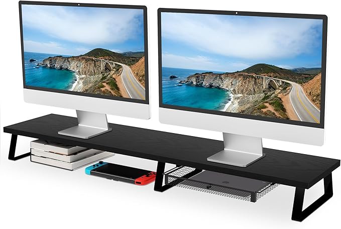 Aothia Large Dual Monitor Stand Riser - Monitor Stand For 2 Monitors, Monitor Stand With Drawer,Desk Shelf For Monitor, Wood Monitor Riser Stand with Storage Organize For Pc,Tv,Laptop,Screen (Black)