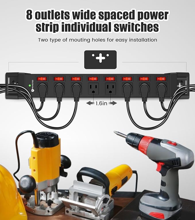 Heavy Duty Power Strip with Individual Switches,8 Outlets 14 Gauge Industrial Shop Garage Metal Multiple Outlets,1200J Surge Protector Mountable Power Strip (Black, 25 FT)