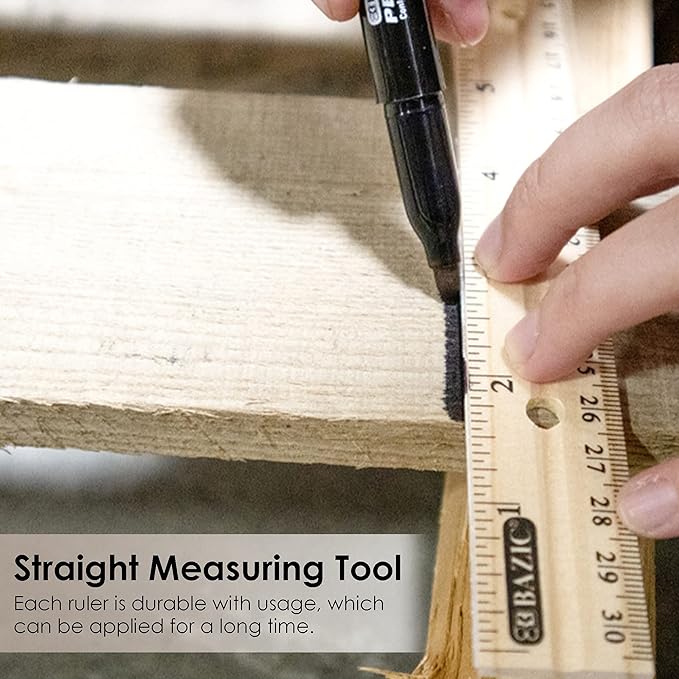 BAZIC Wooden Ruler 12" (30cm), Singel Metal Edge, Inches Centimeter Metric Measuring Drafting Rulers, for Students School Supplies (3/Pack), 2-Packs