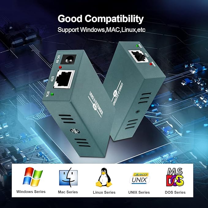 USB Extender Over Ethernet RJ45 LAN Extension, with 4 USB 2.0 Ports, Transmit 50m/165ft Over Ethernet Cat5/5e/6/7, Support Power Over Cable, Play and Plug, No Driver Required