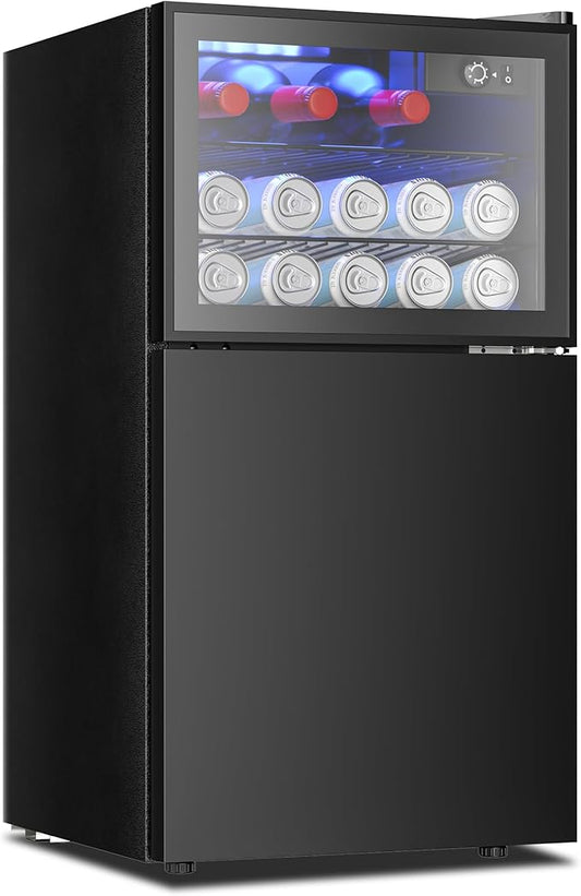 EUHOMY Double Door Mini Fridge With Freezer, Freestanding Wine Cooler Refrigerator With Reversible Door, Compact Refrigerator Temperature Control, Wine Fridge Perfect For Kitchen Home Office.