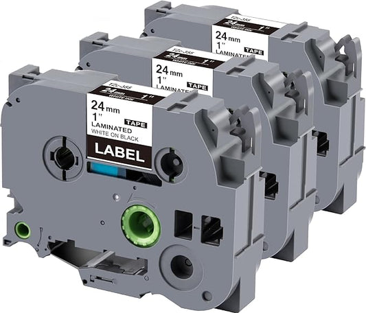 Weemay 3 Pack TZe355 24mm White on Black Laminated Label Tape Compatible with Brother Label Maker Tape TZe-355 TZe 355 TZ-355 TZ355 for PTouch PT-E500 PT-D600 PT-P750W PT-P900W Printer, 1 In x 26.2 ft