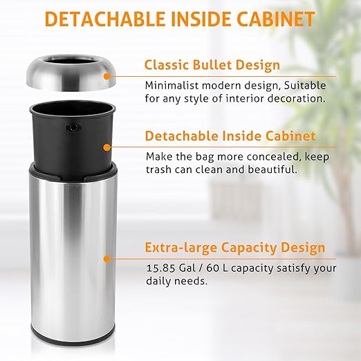 WICHEMI 16 Gallon Commercial Large Trash Can, Bullet Outdoor Trash Bin with Open Top Lid, Brushed Stainless Steel Garbage Can, Silver