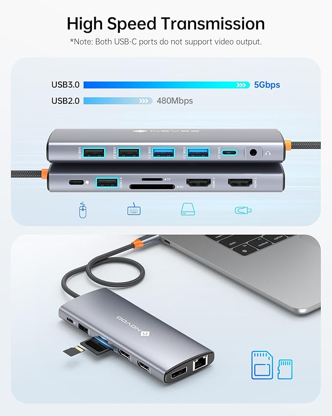Dell/HP/Lenovo/Surface USB C Docking Station - Dual 4K60 HDMI+8K30 DP, 14 in 1 USB C Hub Adapter with 100W PD, RJ45, SD/TF, Audio, Multiport Dock for MacBook/Laptop