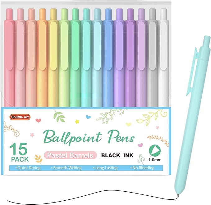 Shuttle Art Ballpoint Pens, 15 Pack Pastel Retractable Black Ink Ball Point Pens, Cute Pens 1.0mm Medium Point Quick Drying for Writing Journaling Taking Notes School Office Home