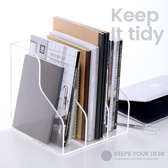 Desk File Organizer, Acrylic Magazine File Holder with 3 Vertical Compartments Rack File Sorter for Office Home Classroom Desk Organization, Clear…