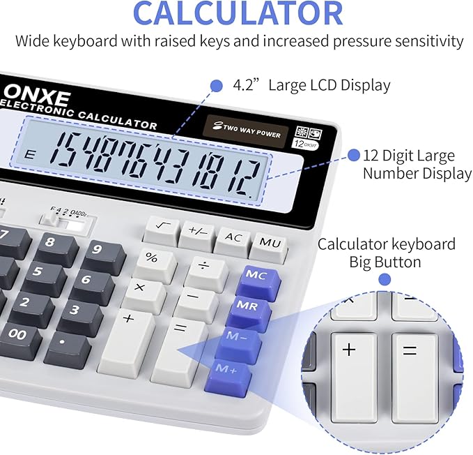 Calculators Desktop,ONXE 12 Digit Large Number LCD Display Office Desk Calculator, Two Way Power Battery and Solar,Big Button Standard Basic 4 Function Basics Calculators for Office Financial