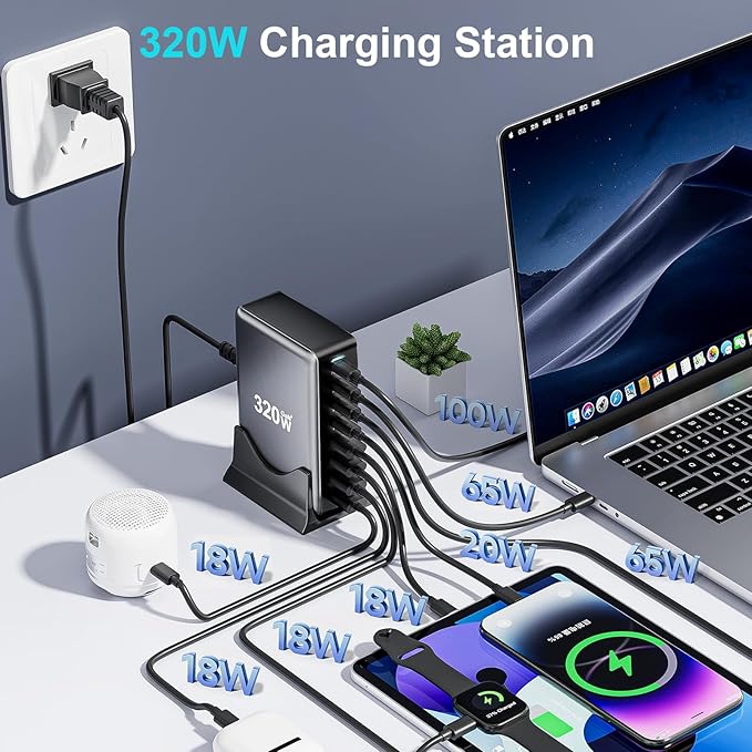 320W USB C Fast Charger Block, 8 Port USB Charging Station, GaN Ⅲ Pro 100W PD PPS Port Fast Charging Station Hub, Laptop Wall Charger Compatible with MacBook/iPhone 16/iPad/Galaxy S23/22 etc