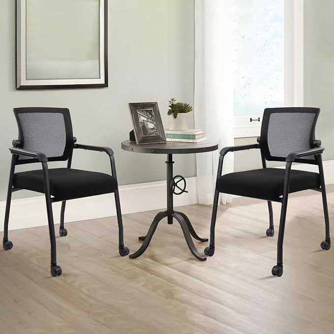 Waiting Room Chairs with Wheels, Adjustable Mesh Backrest, Desk Chair with Ergonomic Lumbar Support and Thickened Seats Cushion, 2 Pack Black