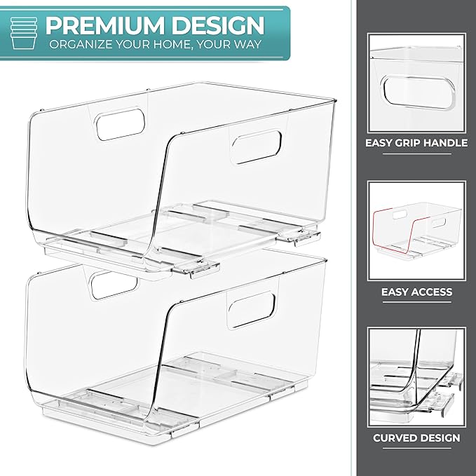 Sorbus Stackable Storage Bins Open Front - Clear Stackable Storage Bins - Pantry Bins for Storage and Organization - Acrylic Stackable Bins for Kitchen - Clear Pantry Organizer Bins (Medium 2 Pack)