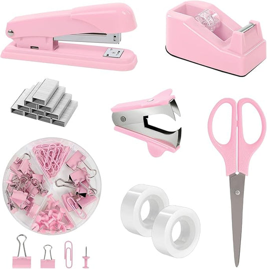 SKYDUE Pink Office Desk Accessories, Pink Office Supplies, Stapler, Tape Dispenser, Scissors, Clips and 1000pcs Staples,Office Supplies for Desk for Women