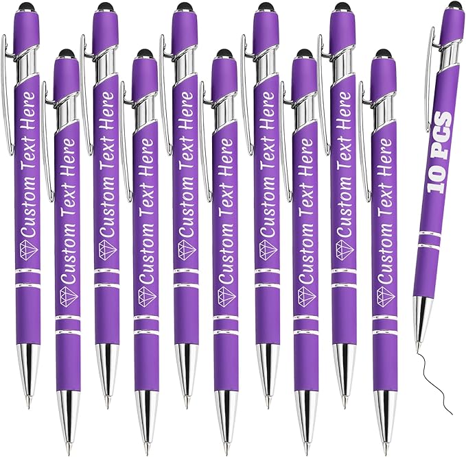 Personalized Pens Bulk 10 with Name Custom Engraving Ballpoint Pens with Stylus Tip Customized Smooth Writing Pens Personalized Gifts for Anniversary Birthday or Graduation(Purlpe,Black Ink)