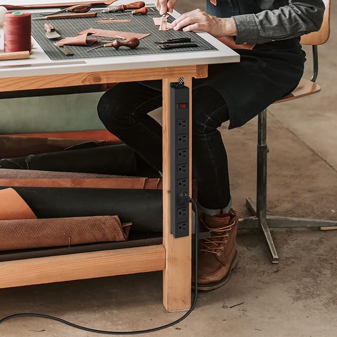 Metal 8 Outlet Mountable Power Strip with Switch,Wide Spaced Heavy Duty Wall Mount Power Strip Surge Protector 1200J,10FT 14AWG Braided Cord 15A 125V 1875W for Home Office Industrial Garage Commercial