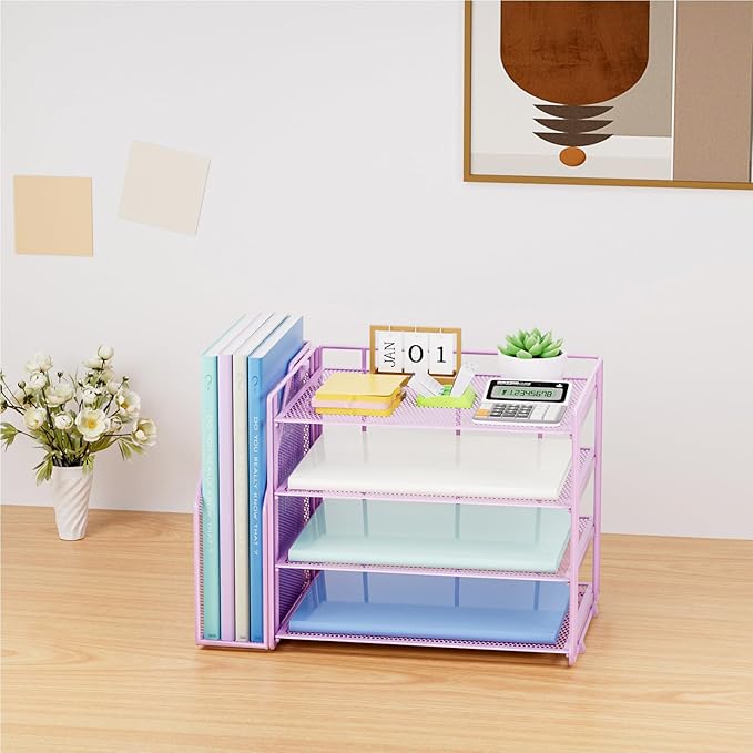Marbrasse Desk Organizer and Accessories，4-Tier Paper Letter Tray Organizer with File Holder，Desk Accessories & Workspace Desktop Organizers for School Home Office Supplies (Purple)