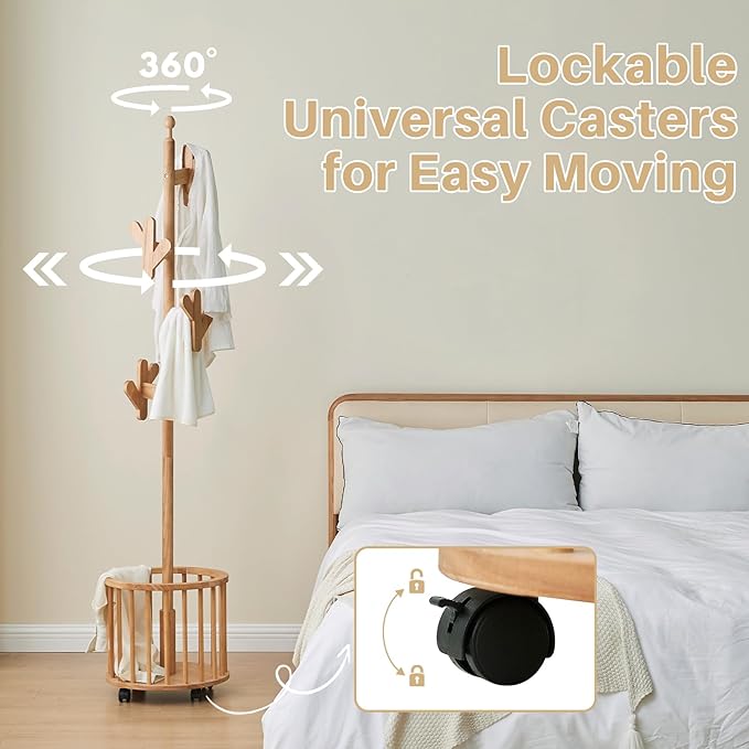 Uniclinens Solid Wood Coat Rack Freestanding with Umbrella Holder, Tree Coat Rack Stand with Lockable Universal Casters & 12 Hooks for Entryway Bedroom, Natural