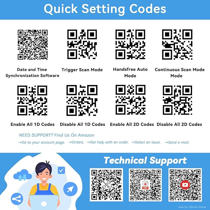 Alacrity Upgraded 2D Industrial Barcode Scanner with Wireless Charging Stand, 1968 Feet Transmission Distance 433Mhz Wireless & Bluetooth 2in1 Barcode Reader, Shock Dust Proof Hands Free, Green