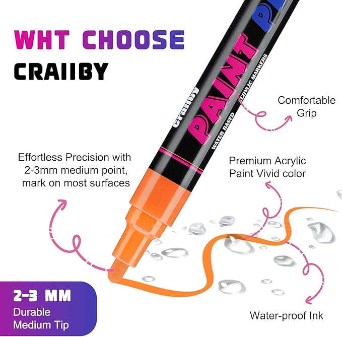 Pink Paint Pens Paint Markers - 8 Pack Permanent Quick Dry Waterproof Marker Pens for Rocks Wood Fabric Plastic Canvas Glass Mugs Metal Tire Stone