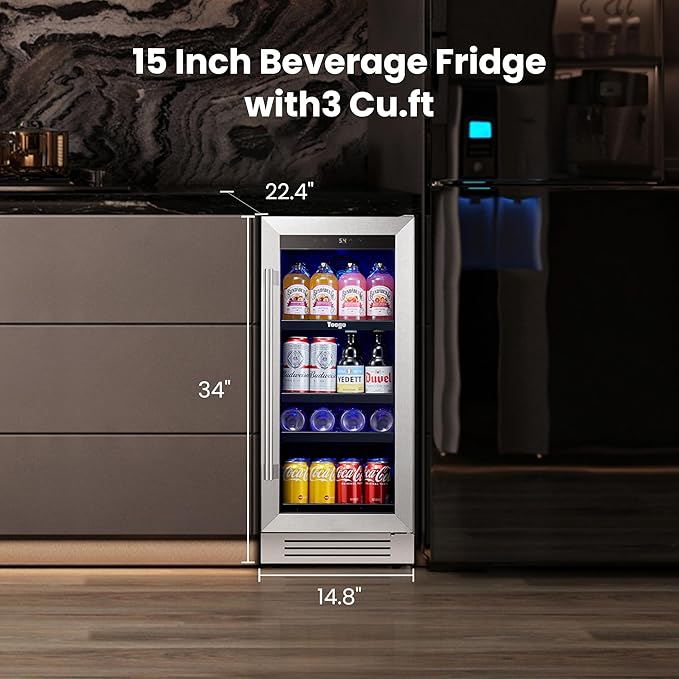Yeego 15 Inch Beverage Refrigerator – 80 Can Mini Fridge with Glass Door, Built-In or Freestanding Cooler for Home Bar Office