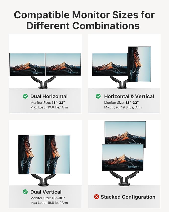 HUANUO Dual Monitor Stand - Full Adjustable Monitor Desk Mount Swivel Vesa Bracket with C Clamp, Grommet Mounting Base for 13 to 32 Inch Computer Screens - Each Arm Holds 4.4 to 19.8lbs