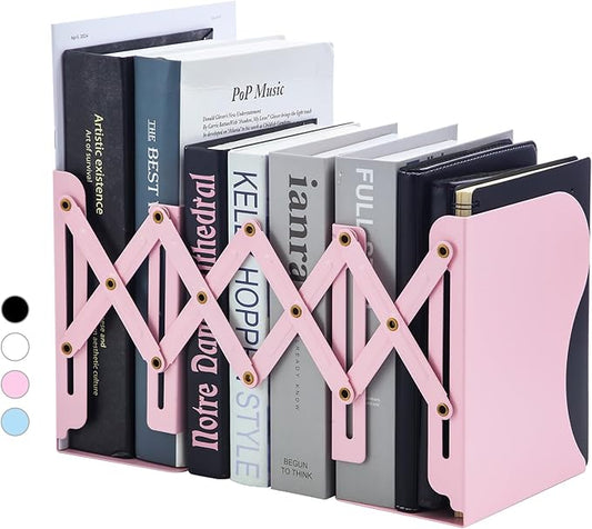 M&G Adjustable Bookends Book Ends for Shelves, Metal Bookend for Heavy Books, Desk Magazine File Organizer Holder Extends up to 20in, Book Stopper for Home, Office, Classroom (Pink)
