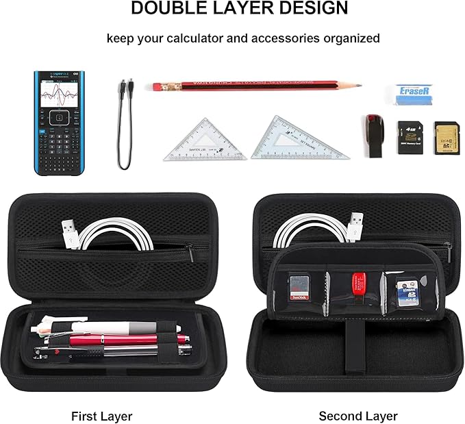 BOVKE Calculator Case for Texas Instruments TI-Nspire CX II CAS/CX II/CX CAS/CX Color Graphing Calculator and More - Extra Mesh Pocket for USB Cables and Other Accessories, Black+Black