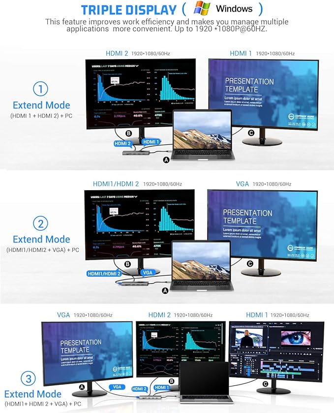 TOTU 13-in-1 USB-C Hub with Ethernet, 4K HDMI, VGA, PD, SD/TF Cards Reader, Mic/Audio Docking Station for MacBook Pro Air XPS and Other USB-C Laptops