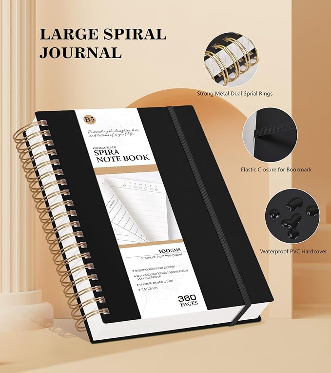 Spiral Notebook Journal College Ruled, 360 Pages Lined Thick Journals for Women Men, B5 Big Notebooks with 100GSM Paper, Spiral Bound Journaling for Writing Work School Black 7.6"×10"