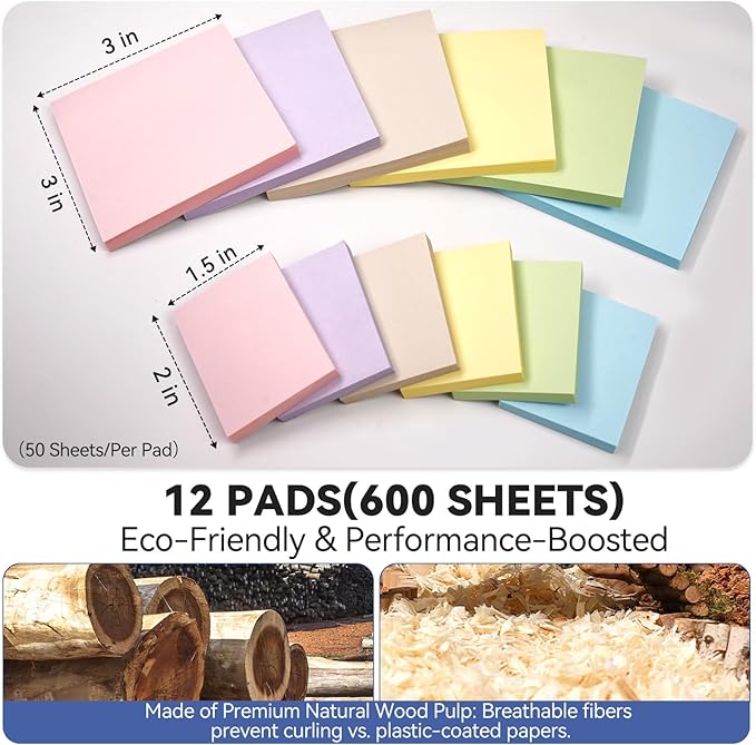 Sticky Notes 3x3in + 2x1.5in Small Sticky Note, 12 Pack 6 Colors Self-Sticky Note Pads | Sticks Strong & Removes Clean | Recycled Paper Cute Sticky Notes to School Supplies, Office Products