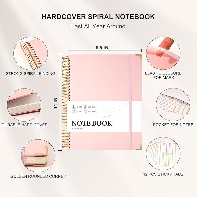Pink Spiral Notebook College Ruled 8.5 X 11 with Tab Stickers Large Hardcover Notebooks for School Supplies A4 Note Book Journal Notebooks for Work Note Taking Office Women Men Writing, 200 Pages