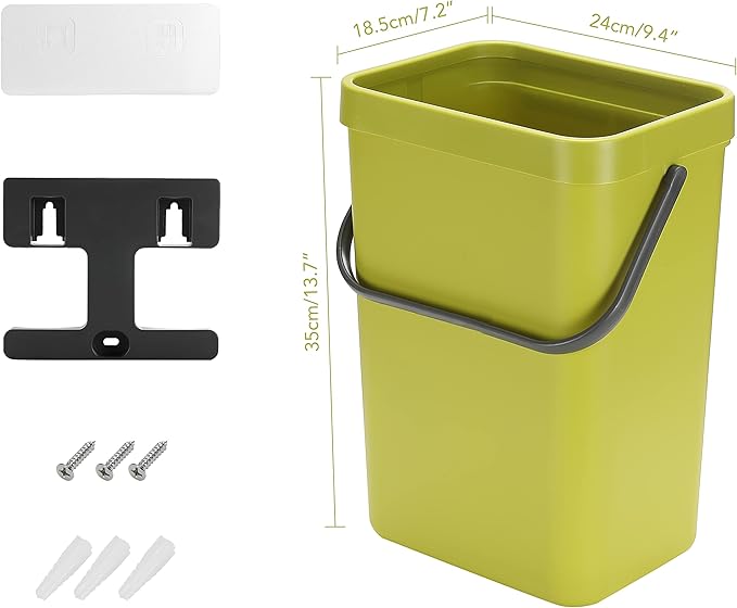 stonespace Small Trash Can with Lid，Mountable Indoor Compost Bucket, Hanging Trash Can with Lid for Cupboard/Bathroom/Bedroom/Office/Camping, 3.2 Gallon/12L Green