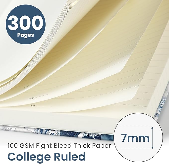 Lined Spiral Notebook Journal for Work, 300 Pages Thick B5 (7.1"x10") College Ruled Journal for Women & Writing, Hardcover Notebook for Note Taking, Perfect for Office Home School, Blue Floral