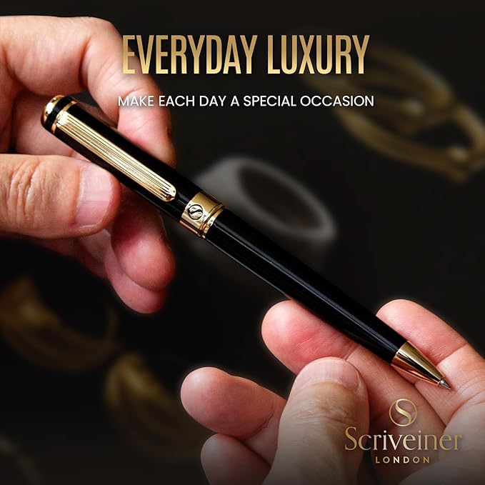 Scriveiner Black Lacquer Ballpoint Pen -Stunning Luxury Pen, Real Gold Plating, Schmidt Black Refill, Best Gift Set for Men & Women, Professional Executive Office, Nice Fancy Designer Pens