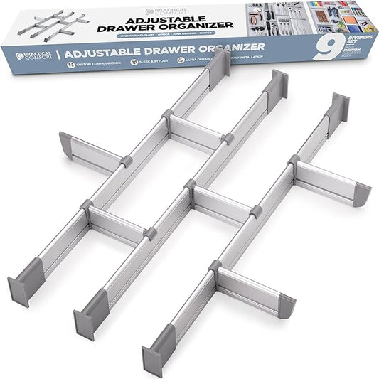 Practical Comfort Aluminum Drawer Organizer for Kitchen Utensils Silverware Flatware 9 Dividers Set | MEDIUM | UPGRADED VERSION