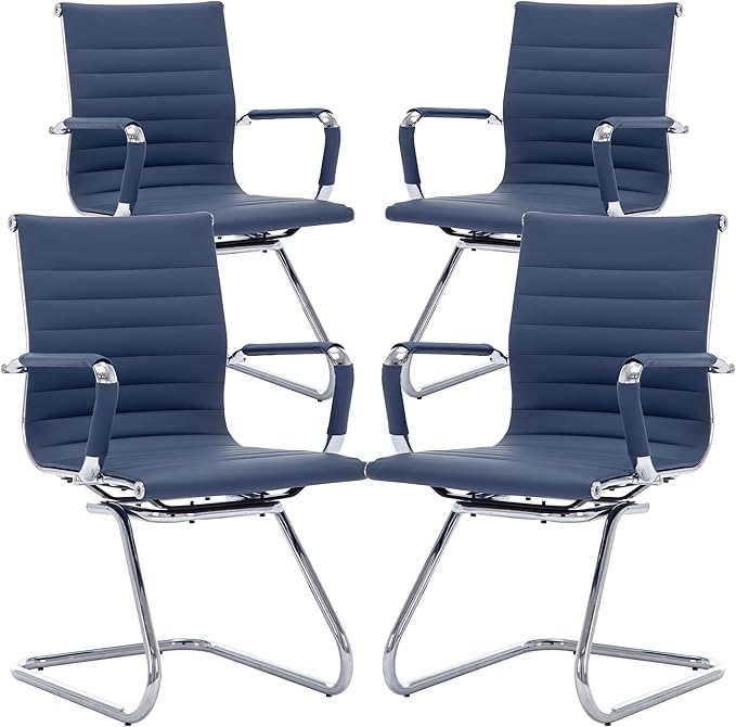Office Desk Chair No Wheels Set of 4 PU Leather Computer Chairs Mid Back Guest Chairs for School Reception Conference Waiting Room, Navy Blue