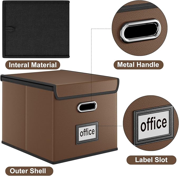 Huolewa Faux Leather File Organizer Box with Lid, Collapsible Hanging File Folder Box Organizer with Plastic Slides, Decorative Home/Office Filing Boxes for File and Folder Storage - Dark Brown