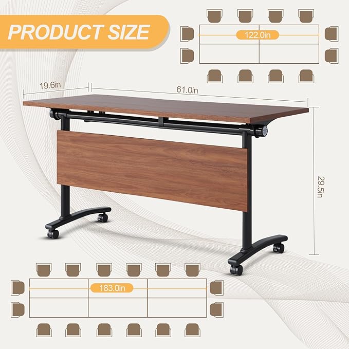 Conference Room Table with Silent Wheels, Mobile Folding Conference Table for 16 Person,Flip Top Office Training Tables with Walnuts Wood Tabletop, for School,Business Meeting Rooms (6 Pack 63in)