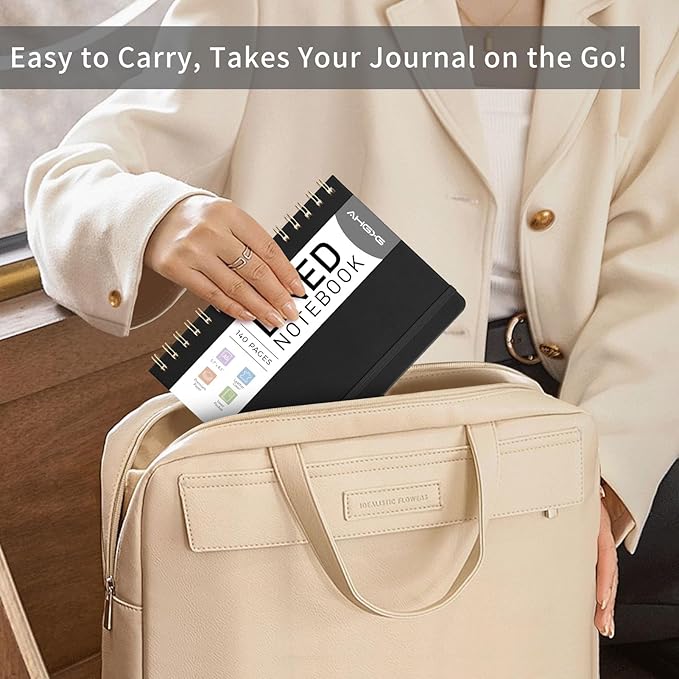 AHGXG Lined Spiral Notebook Journal for Women, 140 Pages Hardcover Leather Notebook College Ruled, A5 5.7" x 8.3", 100 GSM Thick Paper, Notebooks for School Work, Journals for Writing, Black